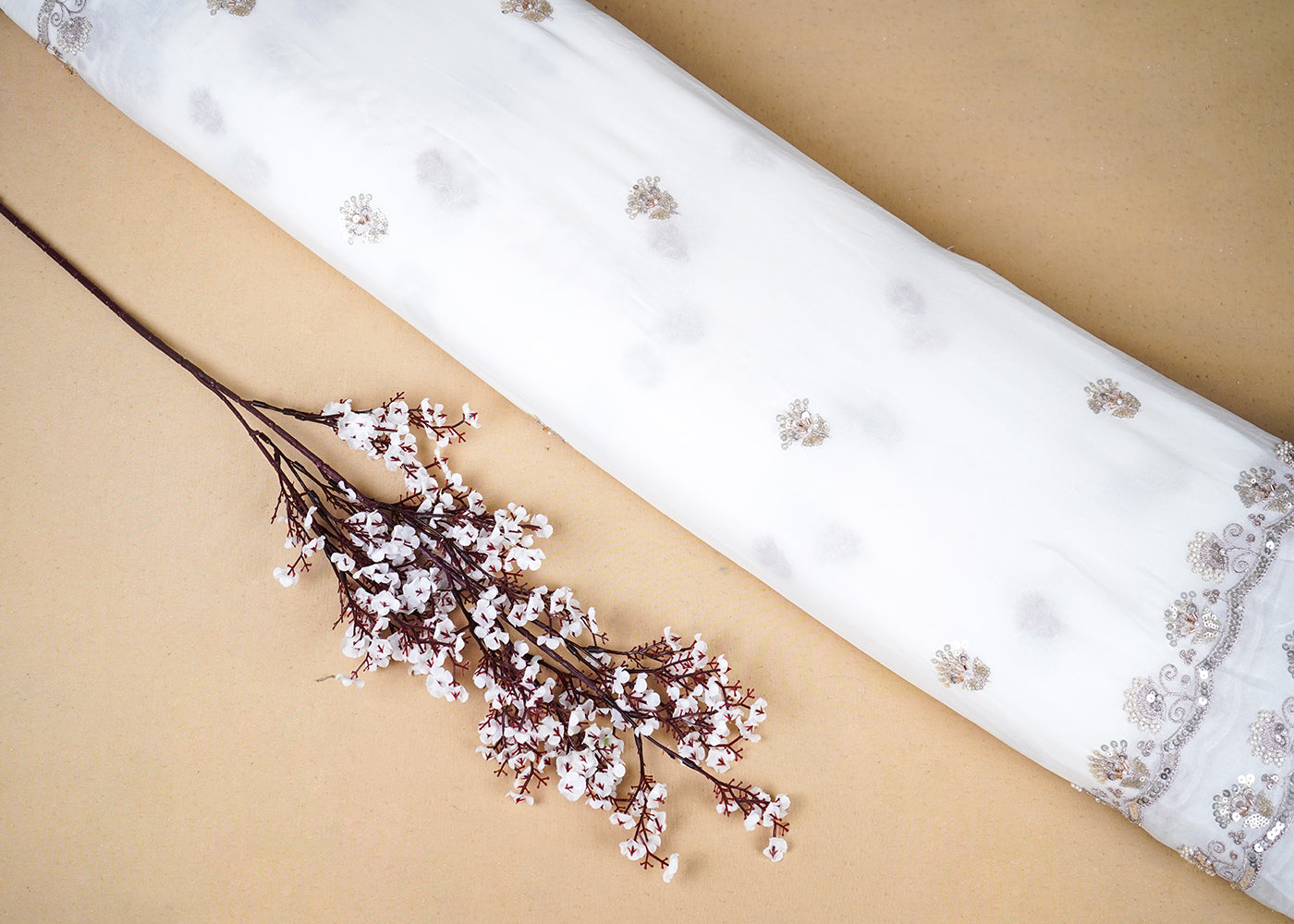 White Georgette Fabric With All Over Katdana, Sequins, Zari And Two Side Border 19007