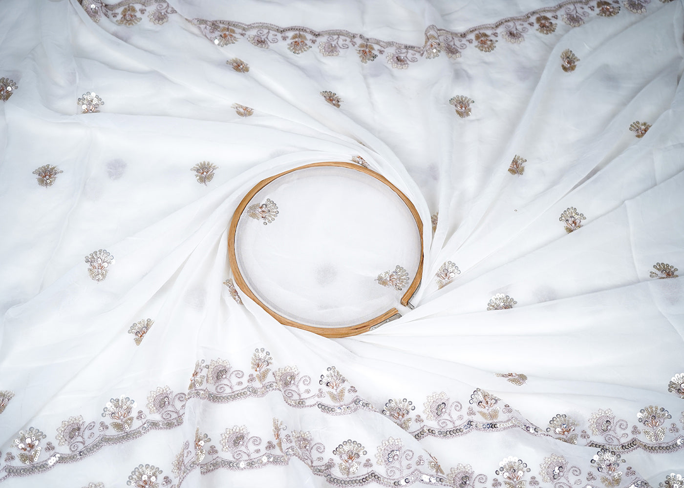 White Georgette Fabric With All Over Katdana, Sequins, Zari And Two Side Border 19007