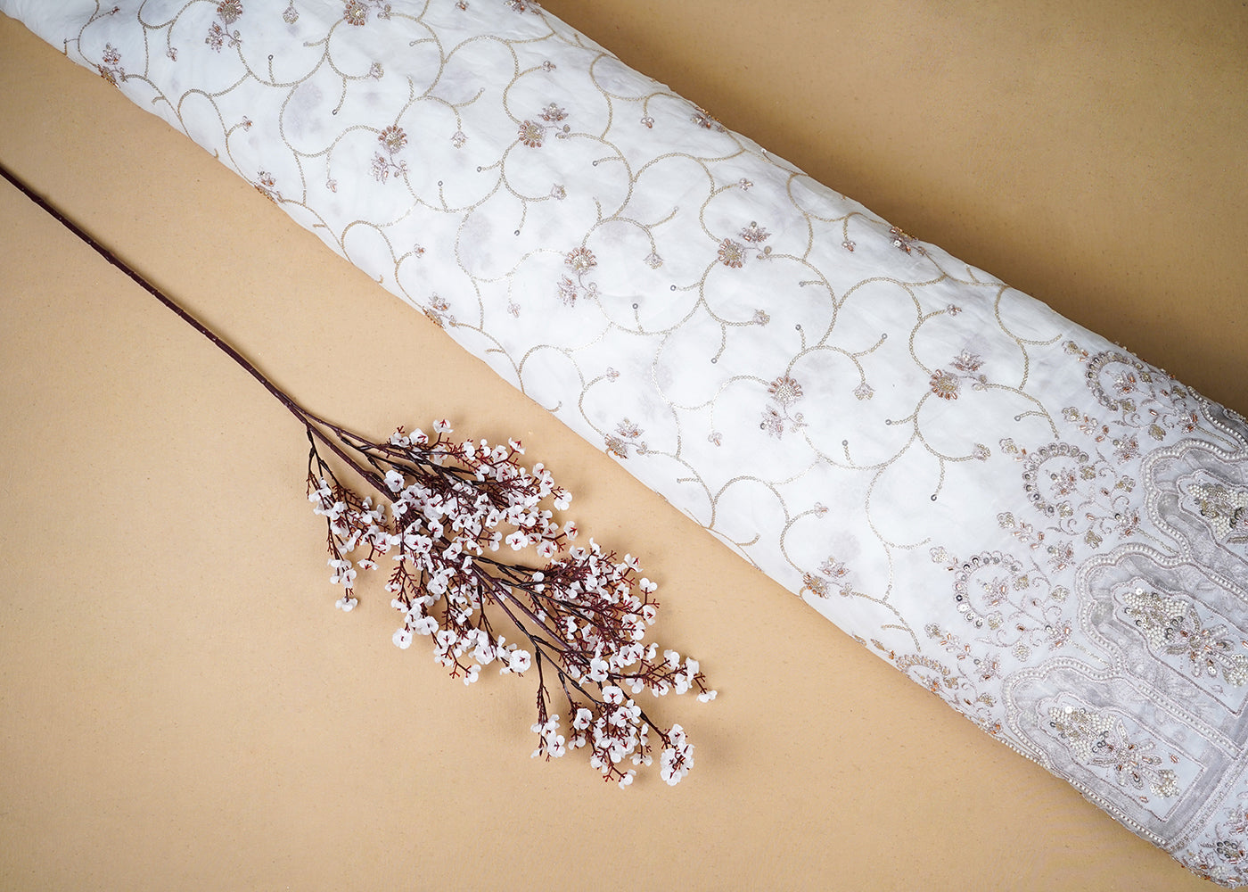 White Georgette Fabric With All Over Katdana, Sequins, Zari And One Side Net Cutwork Border 19008