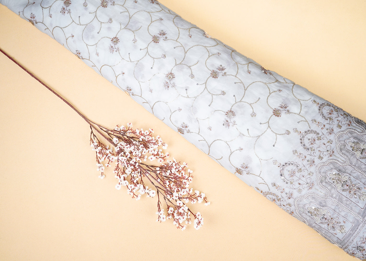 White Georgette Fabric With All Over Katdana, Sequins, Zari And One Side Net Cutwork Border 19008