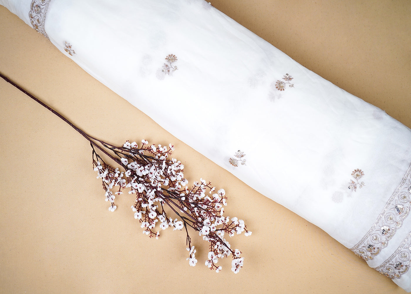 White Georgette Fabric With All Over Katdana, Sequins, Zari And Two Side Border 19009