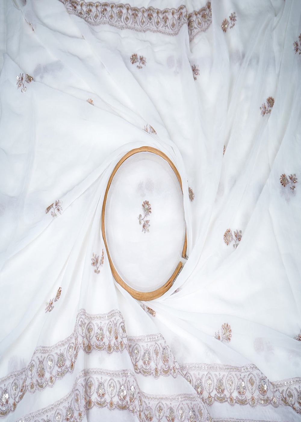 White Dyeable Georgette Dupatta Fabric With All Over Katdana, Sequins, Zari And Two Side Border 19009