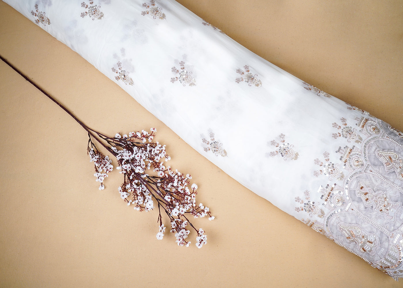 White Georgette Fabric With All Over Katdana, Sequins, Zari And One Side Net Cutwork Border 19010