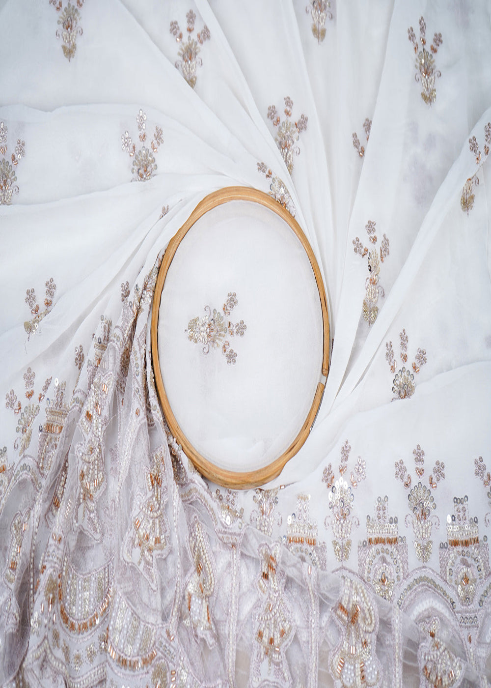 White Dyeable Georgette Fabric With All Over Katdana, Sequins, Zari And One Side Net Cutwork Border 19010