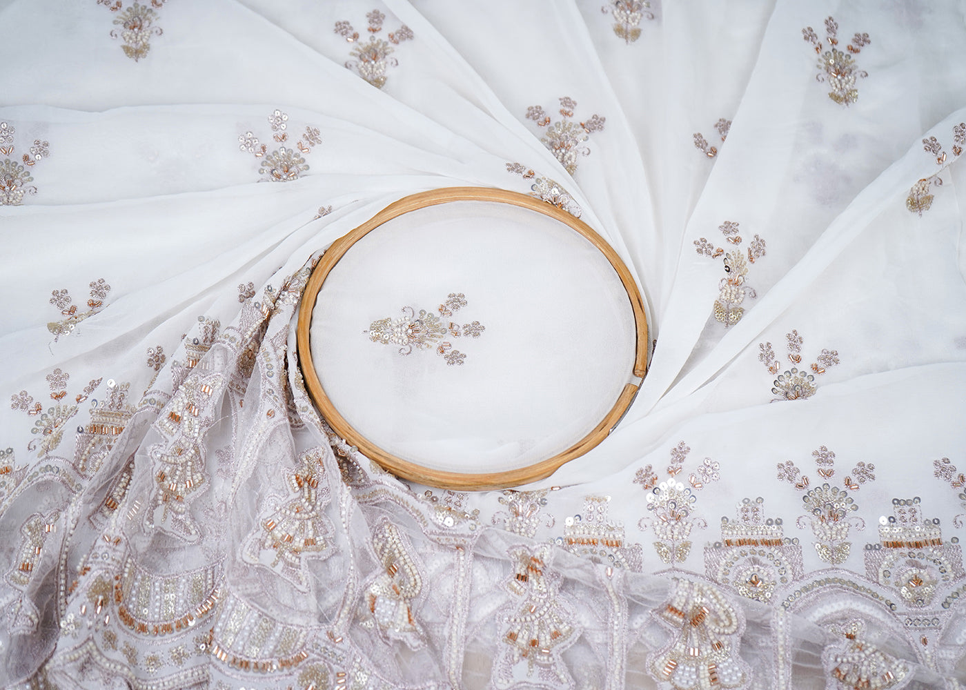 White Georgette Fabric With All Over Katdana, Sequins, Zari And One Side Net Cutwork Border 19010
