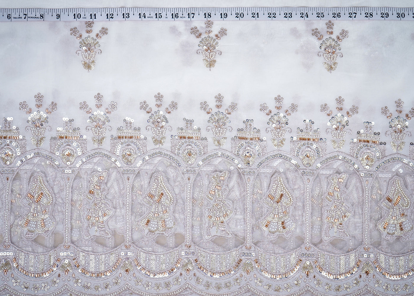 White Georgette Fabric With All Over Katdana, Sequins, Zari And One Side Net Cutwork Border 19010