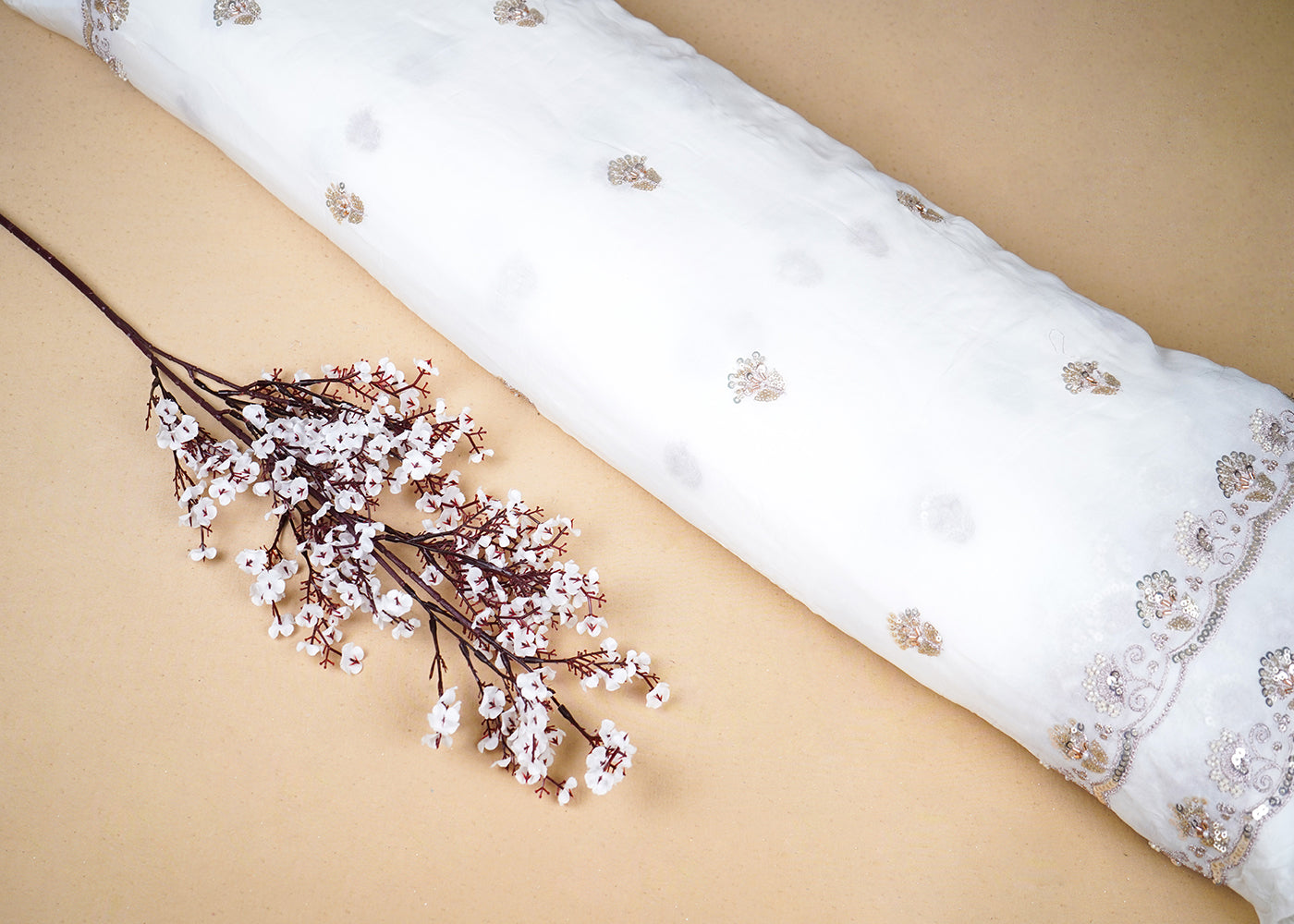 White Georgette Fabric With All Over Katdana, Sequins, Zari And Two Side Border 19011