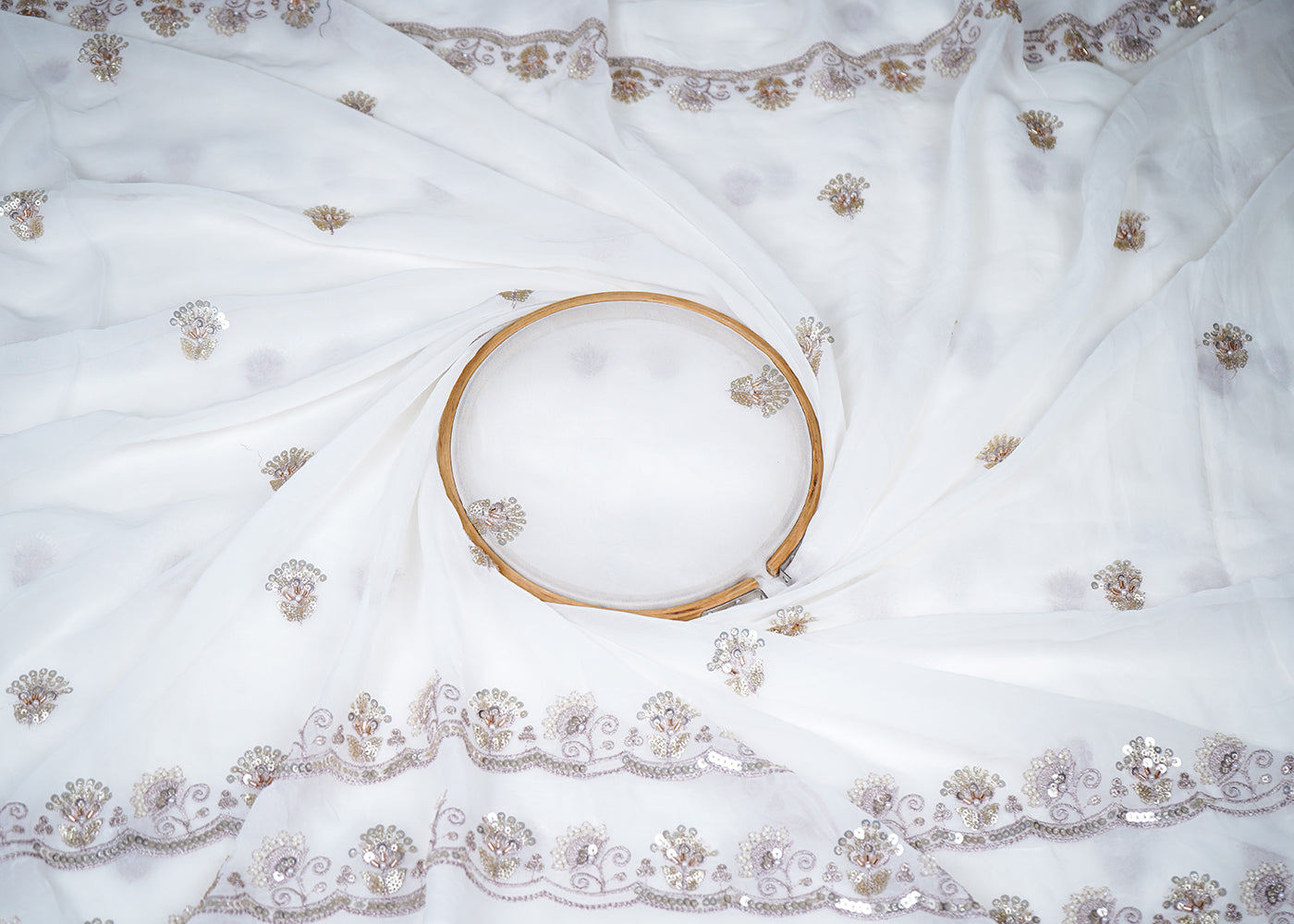 White Georgette Fabric With All Over Katdana, Sequins, Zari And Two Side Border 19011