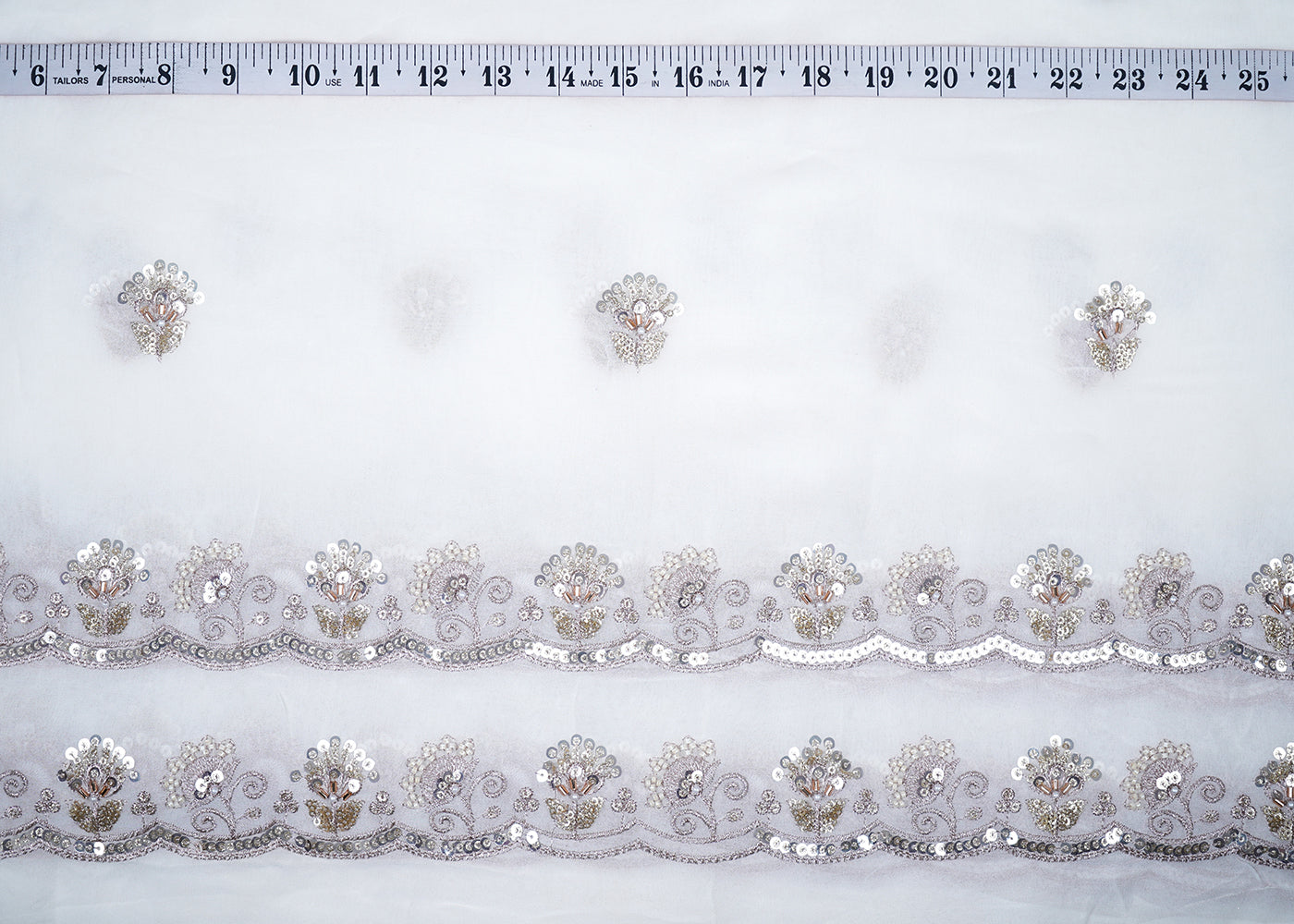 White Georgette Fabric With All Over Katdana, Sequins, Zari And Two Side Border 19011