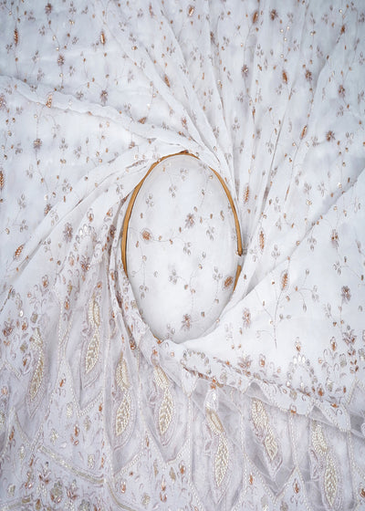 White Dyeable Georgette Fabric With All Over Katdana, Sequins, Zari And One Side Net Cutwork Border 19012