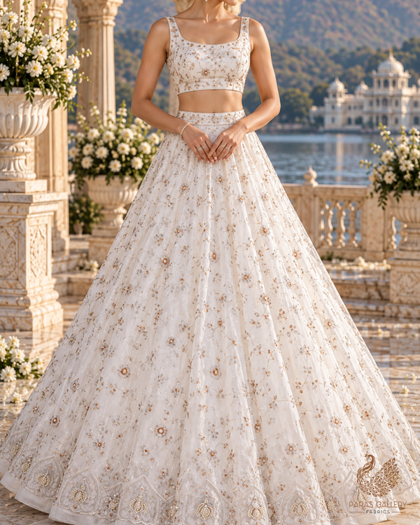 White Dyeable Georgette Fabric With All Over Katdana, Sequins, Zari And One Side Net Cutwork Border 19012