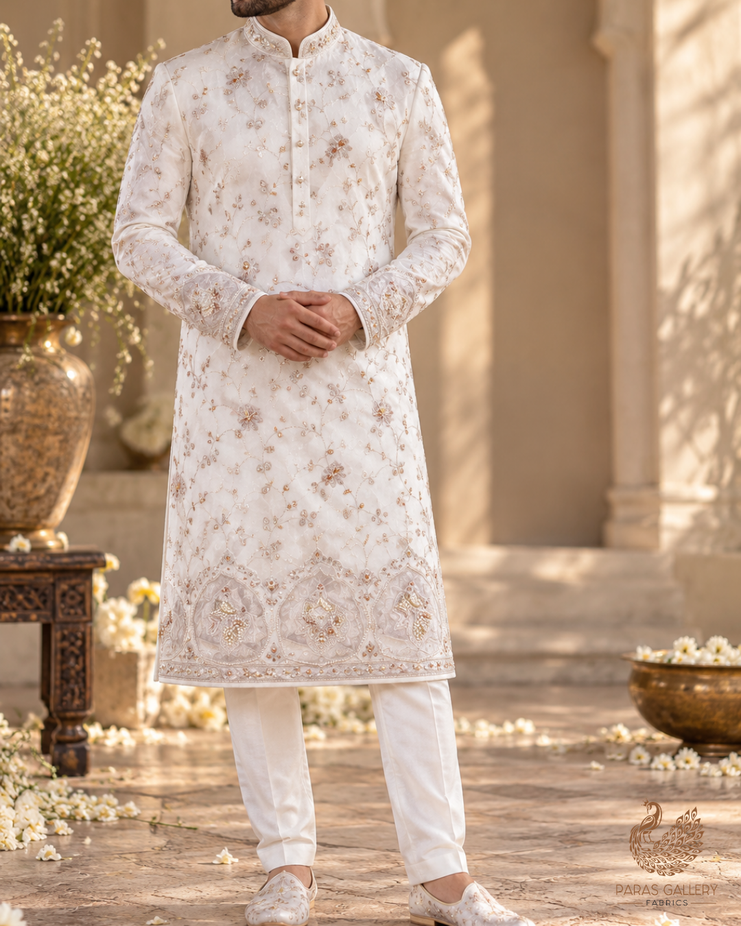White Dyeable Georgette Fabric With All Over Katdana, Sequins, Zari And One Side Net Cutwork Border 19012