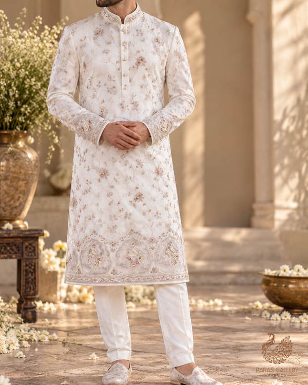 White Dyeable Georgette Fabric With All Over Katdana, Sequins, Zari And One Side Net Cutwork Border 19012