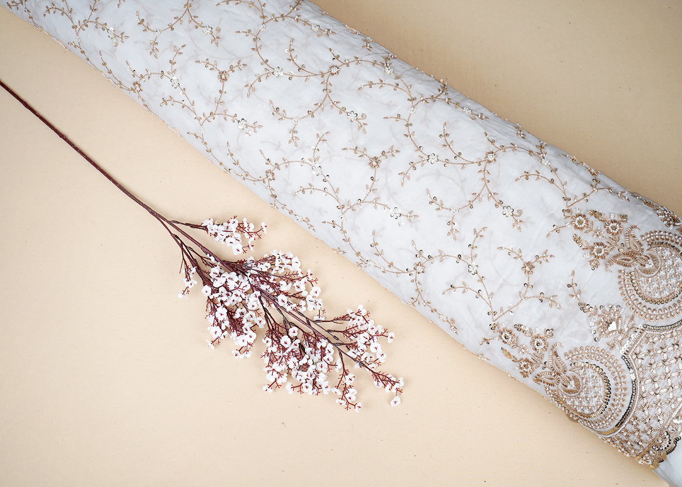 White Georgette Fabric With All Over Sequins, Katdana, Zari And Bead Work With One Side Border 19016