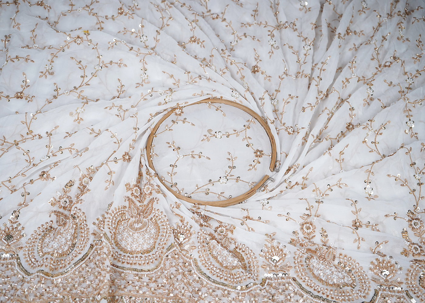 White Georgette Fabric With All Over Sequins, Katdana, Zari And Bead Work With One Side Border 19016