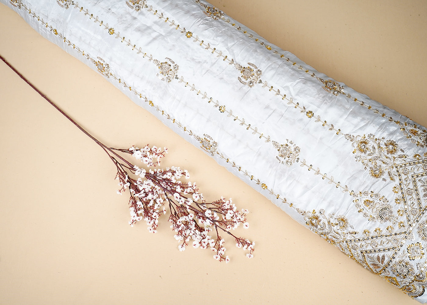 White Crepe Fabric With All Over Katdana, Bead, Sequins And Zari Work With One Side Border 19017