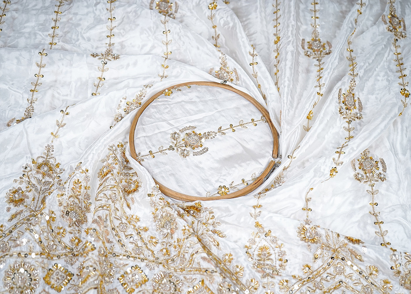White Crepe Fabric With All Over Katdana, Bead, Sequins And Zari Work With One Side Border 19017