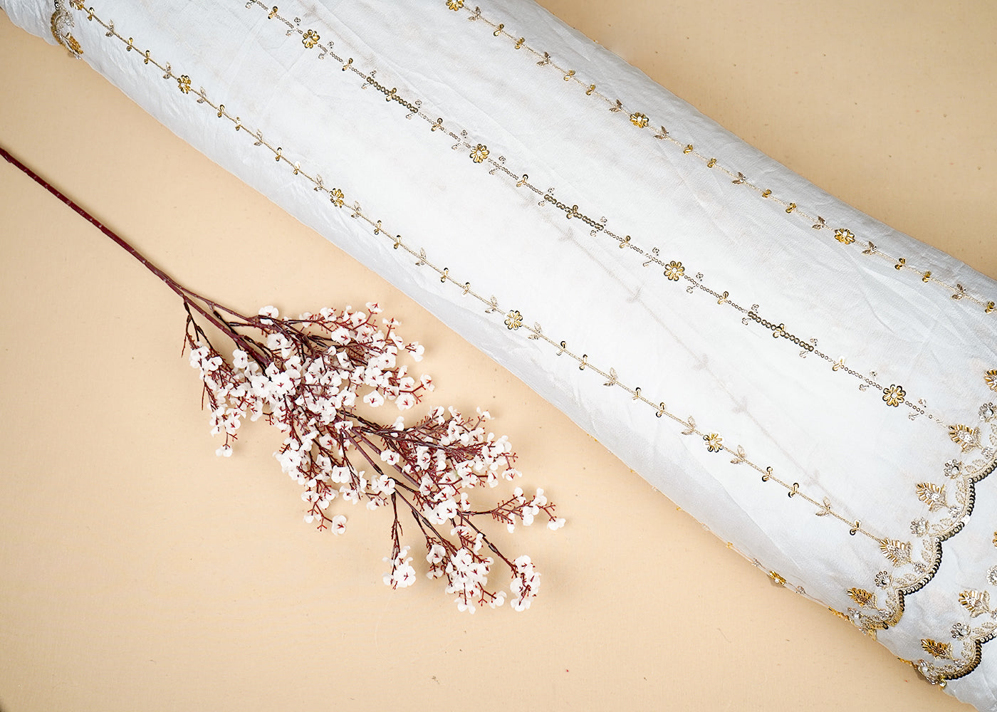 White Chinon Chiffon Fabric With All Over Katdana, Bead, Sequins And Zari Work With Two Side Border 19018