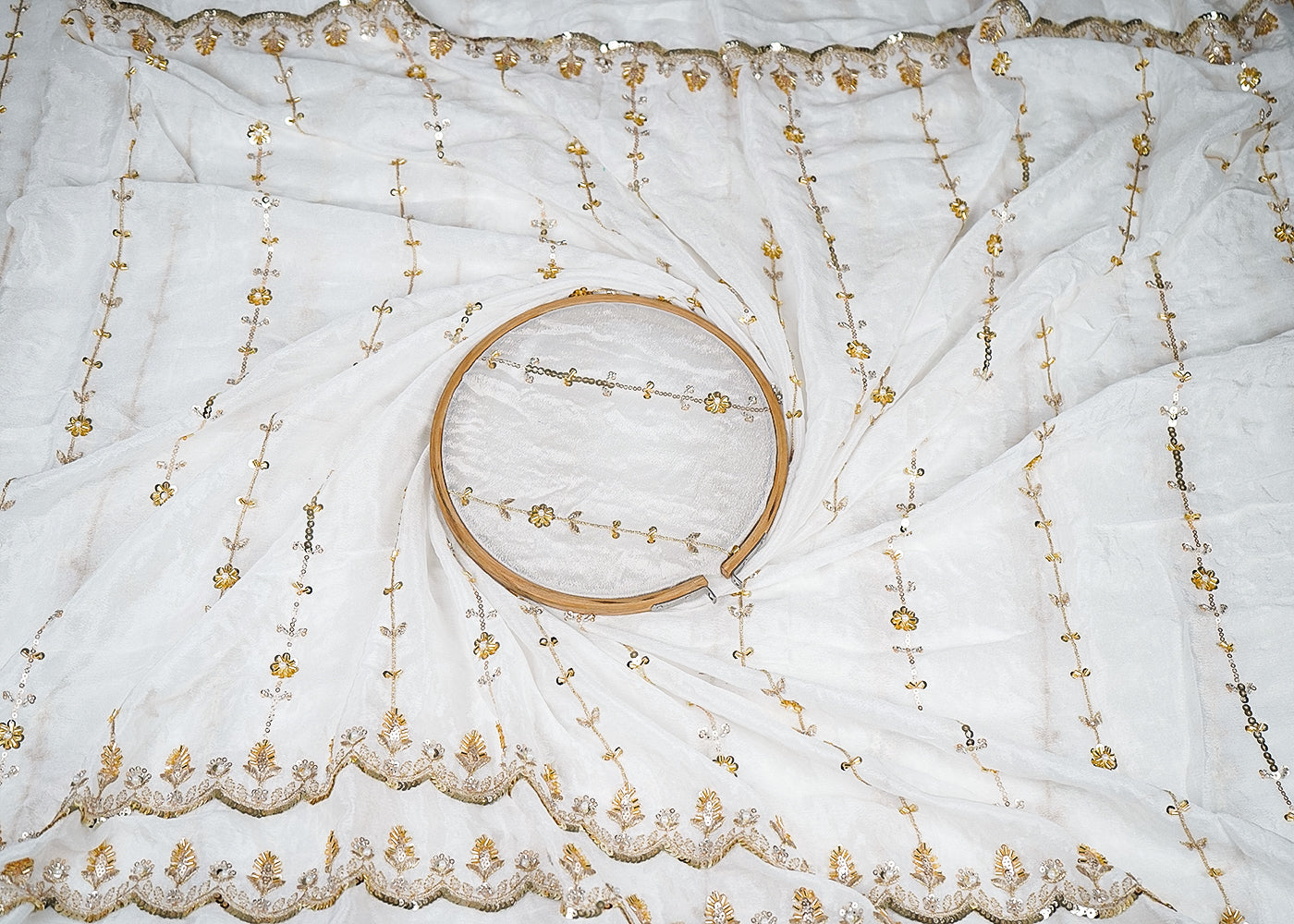 White Chinon Chiffon Fabric With All Over Katdana, Bead, Sequins And Zari Work With Two Side Border 19018
