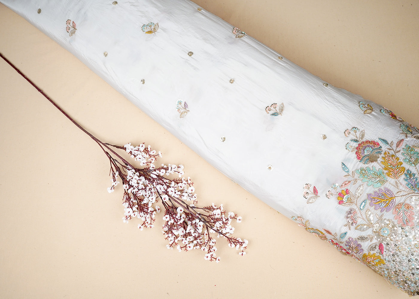 White Crepe Fabric With All Over Thread, Bead, Sequins And Zari Work With One Side Border 19019