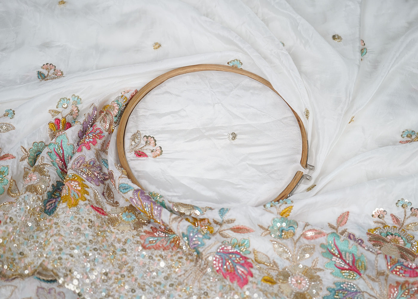White Crepe Fabric With All Over Thread, Bead, Sequins And Zari Work With One Side Border 19019