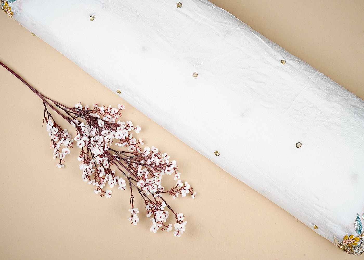 White Chinon Chiffon Fabric With All Over Thread, Bead, Sequins And Zari Work With Two Side Border 19020