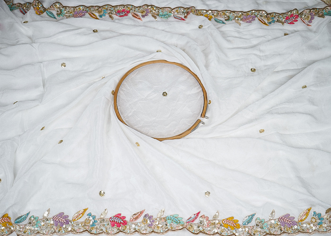 White Chinon Chiffon Fabric With All Over Thread, Bead, Sequins And Zari Work With Two Side Border 19020