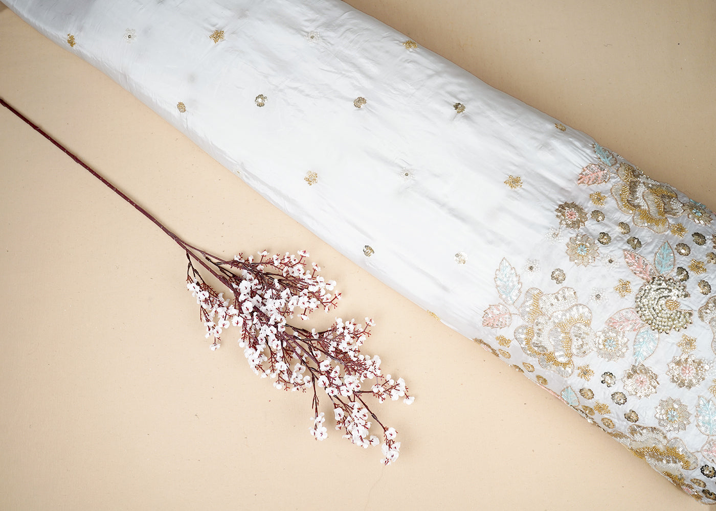 White Crepe Fabric With All Over Bead, Sequins And Zari Work With One Side Border 19021