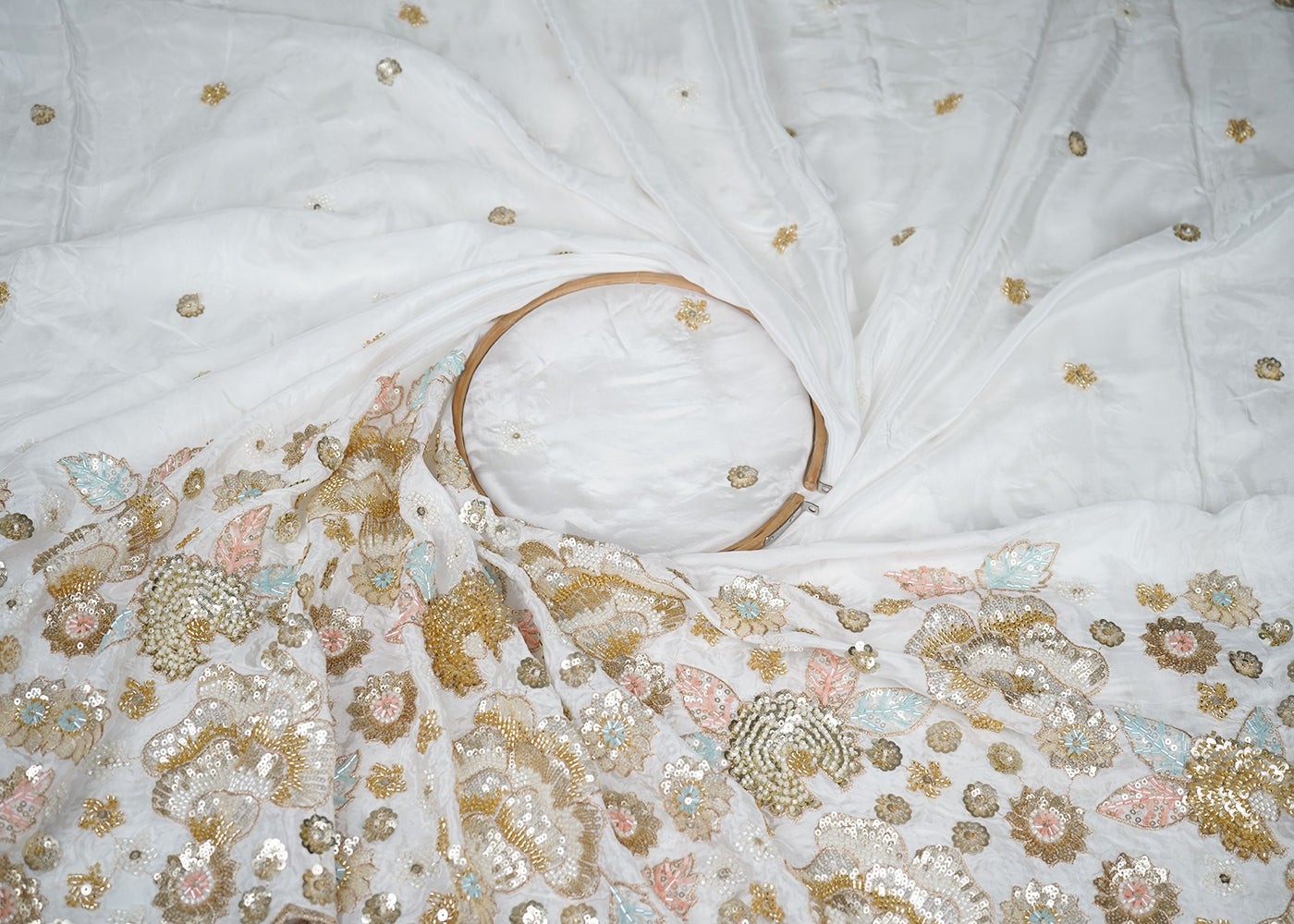 White Crepe Fabric With All Over Bead, Sequins And Zari Work With One Side Border 19021