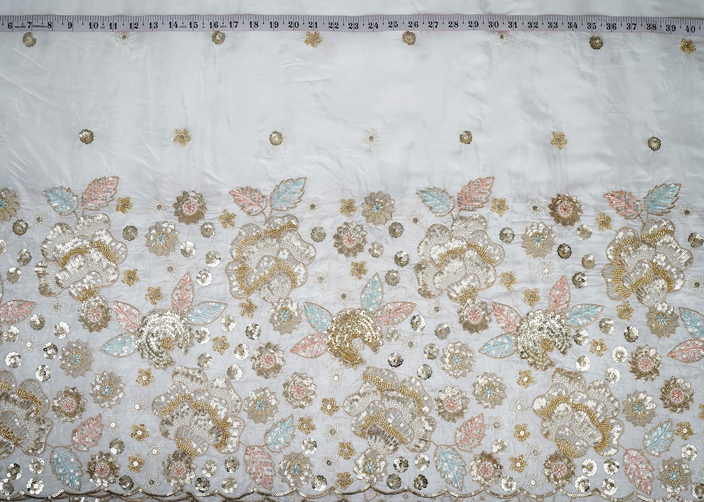 White Crepe Fabric With All Over Bead, Sequins And Zari Work With One Side Border 19021