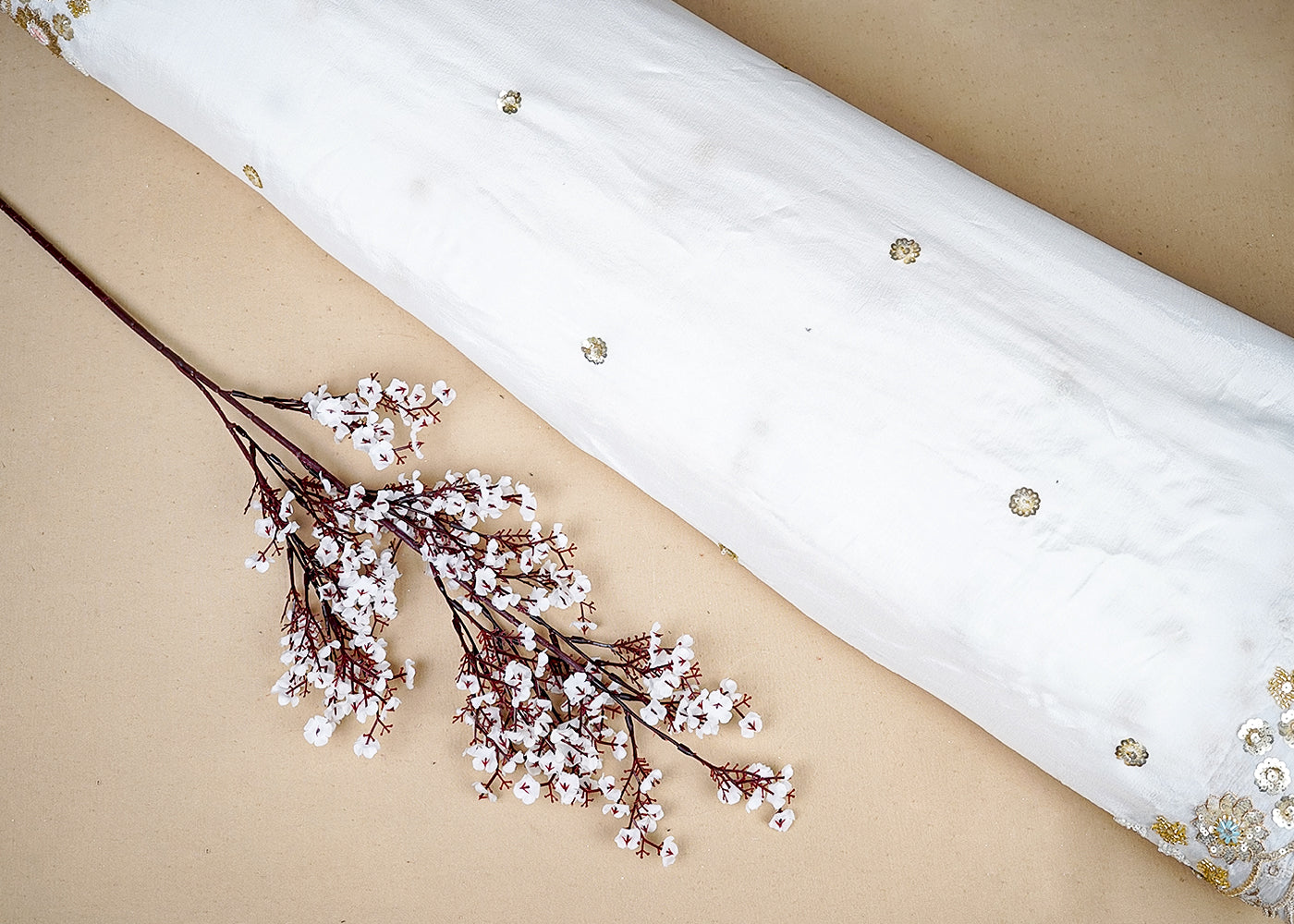 White Chinon Chiffon Fabric With All Over Bead, Sequins And Zari Work With Two Side Border 19022