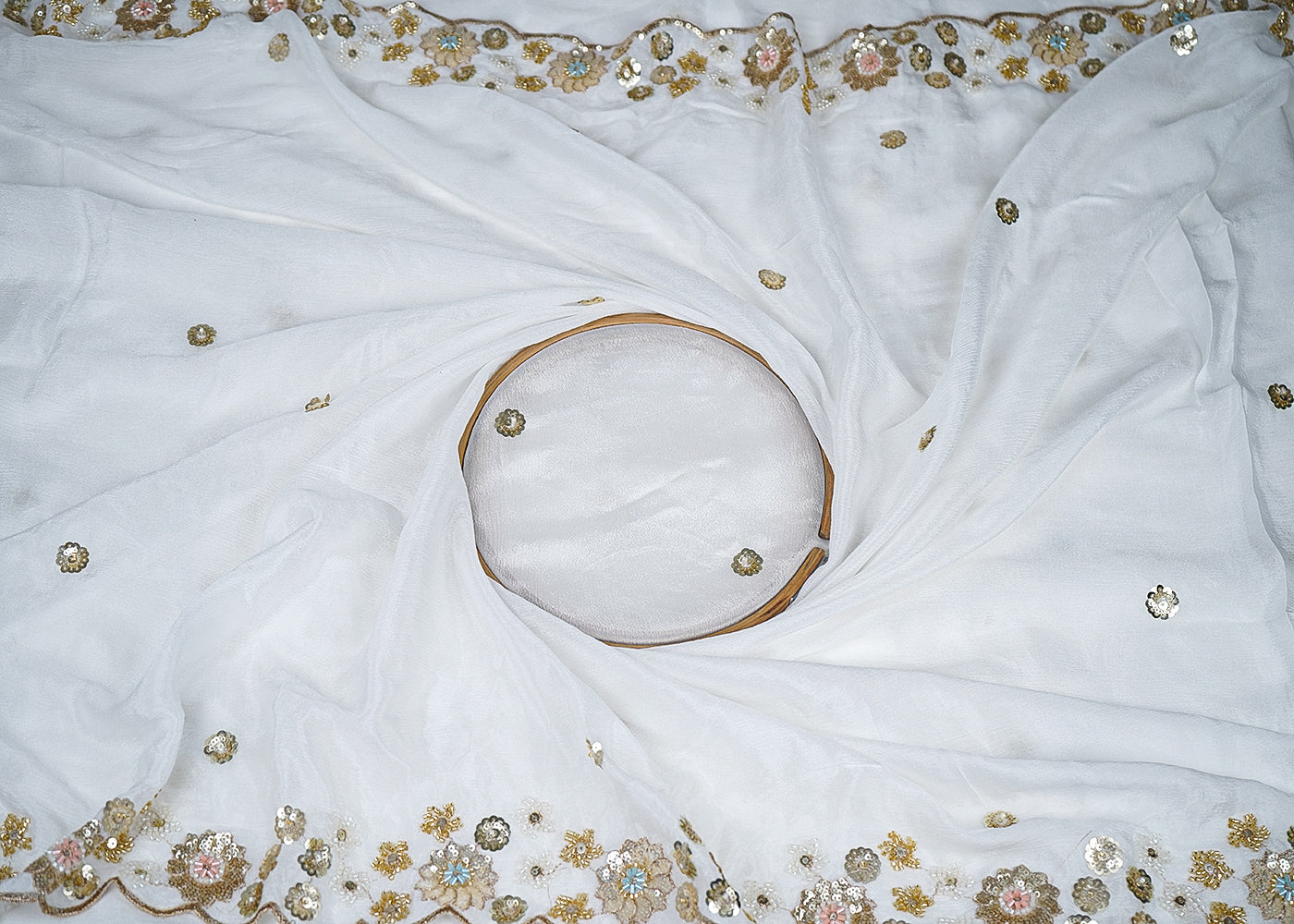 White Chinon Chiffon Fabric With All Over Bead, Sequins And Zari Work With Two Side Border 19022