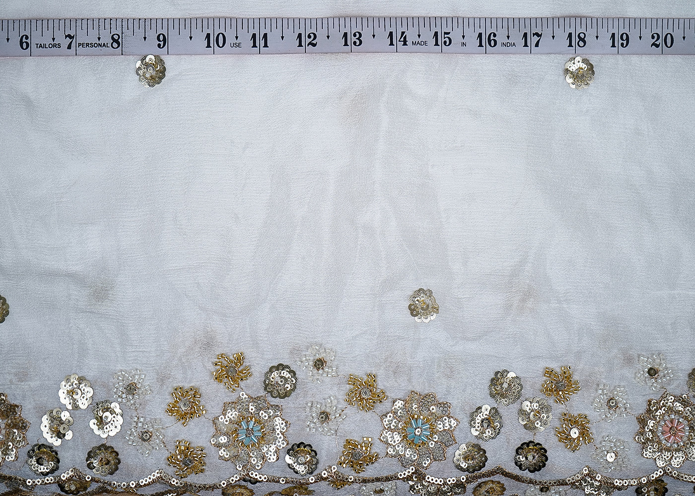 White Chinon Chiffon Fabric With All Over Bead, Sequins And Zari Work With Two Side Border 19022