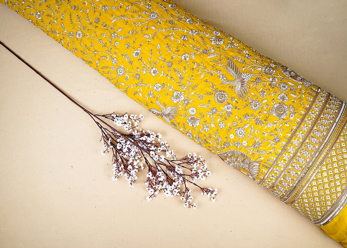 Mustard Georgette Fabric With All Over Katdana, Bead, Sequins And Zari Work With One Side Border 19023
