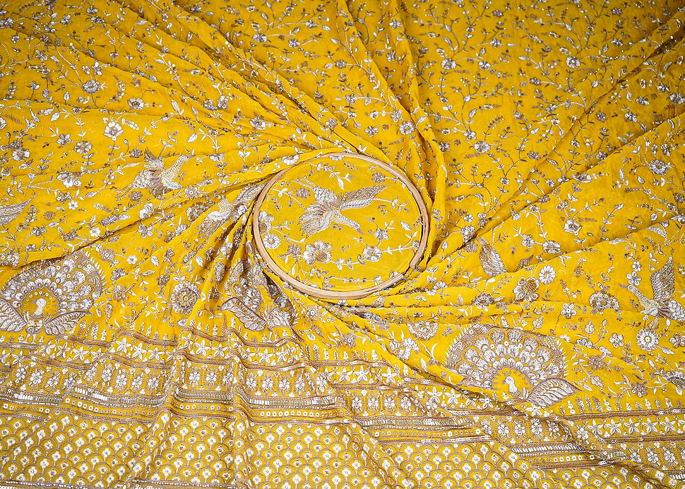 Mustard Georgette Fabric With All Over Katdana, Bead, Sequins And Zari Work With One Side Border 19023