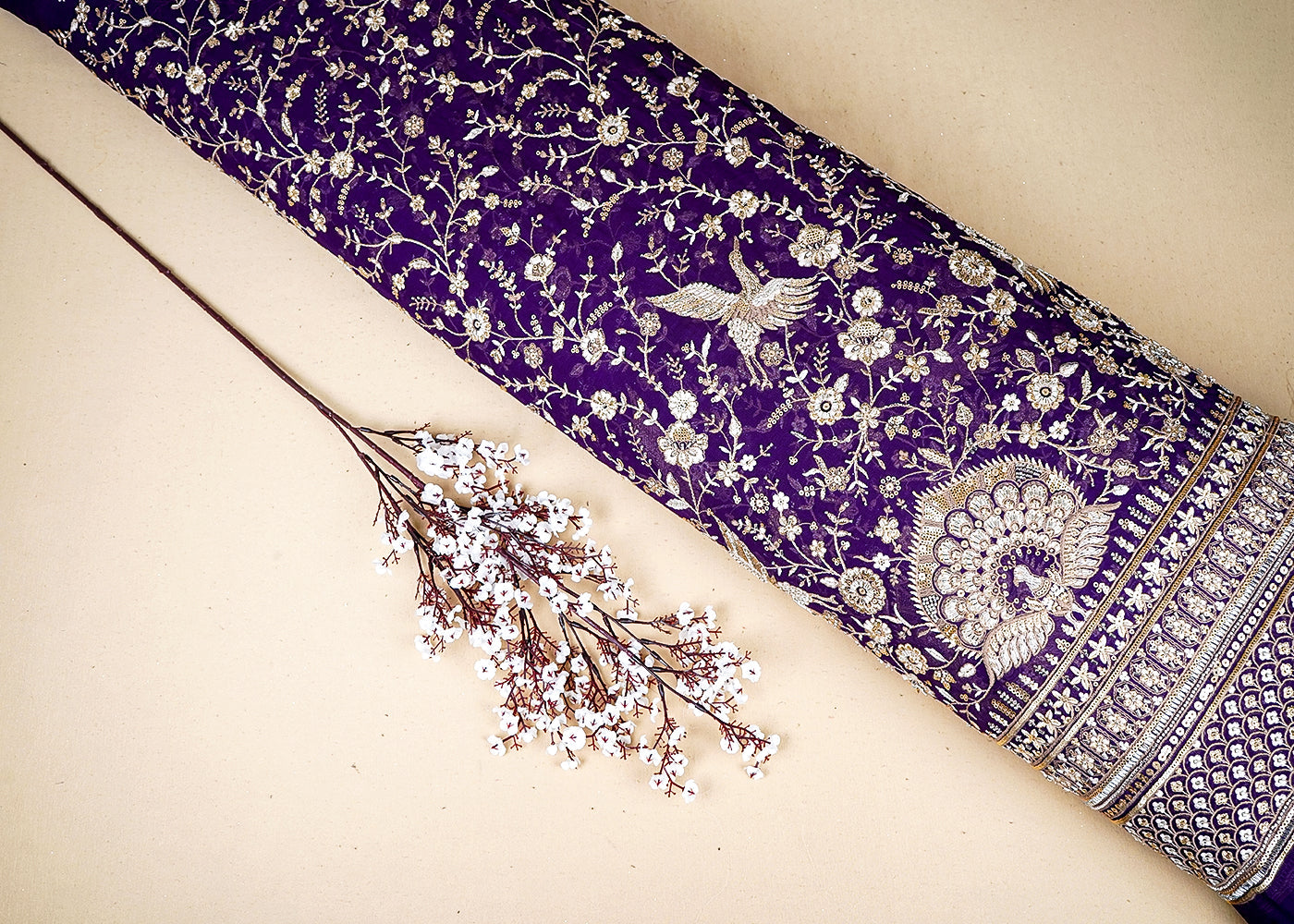 Purple Georgette Fabric With All Over Katdana, Bead, Sequins And Zari Work With One Side Border 19024