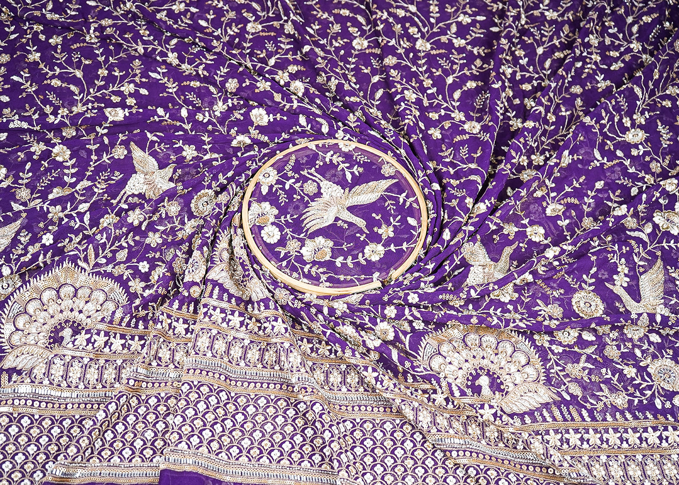 Purple Georgette Fabric With All Over Katdana, Bead, Sequins And Zari Work With One Side Border 19024