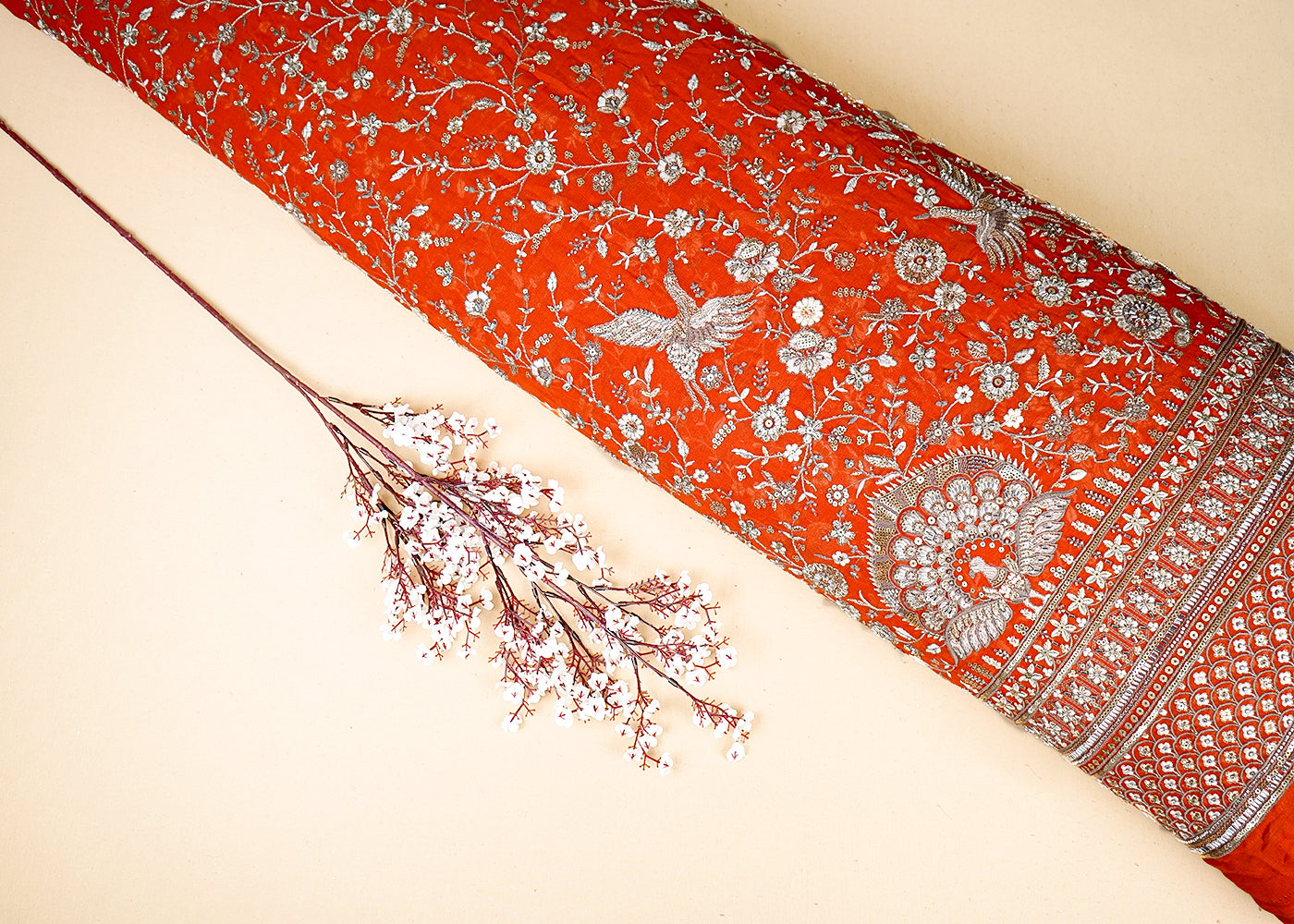Rust Georgette Fabric With All Over Katdana, Bead, Sequins And Zari Work With One Side Border 19025