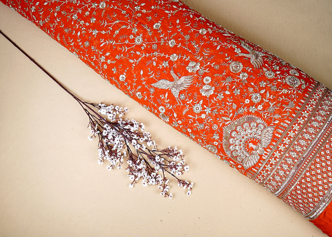 Rust Georgette Fabric With All Over Katdana, Bead, Sequins And Zari Work With One Side Border 19025