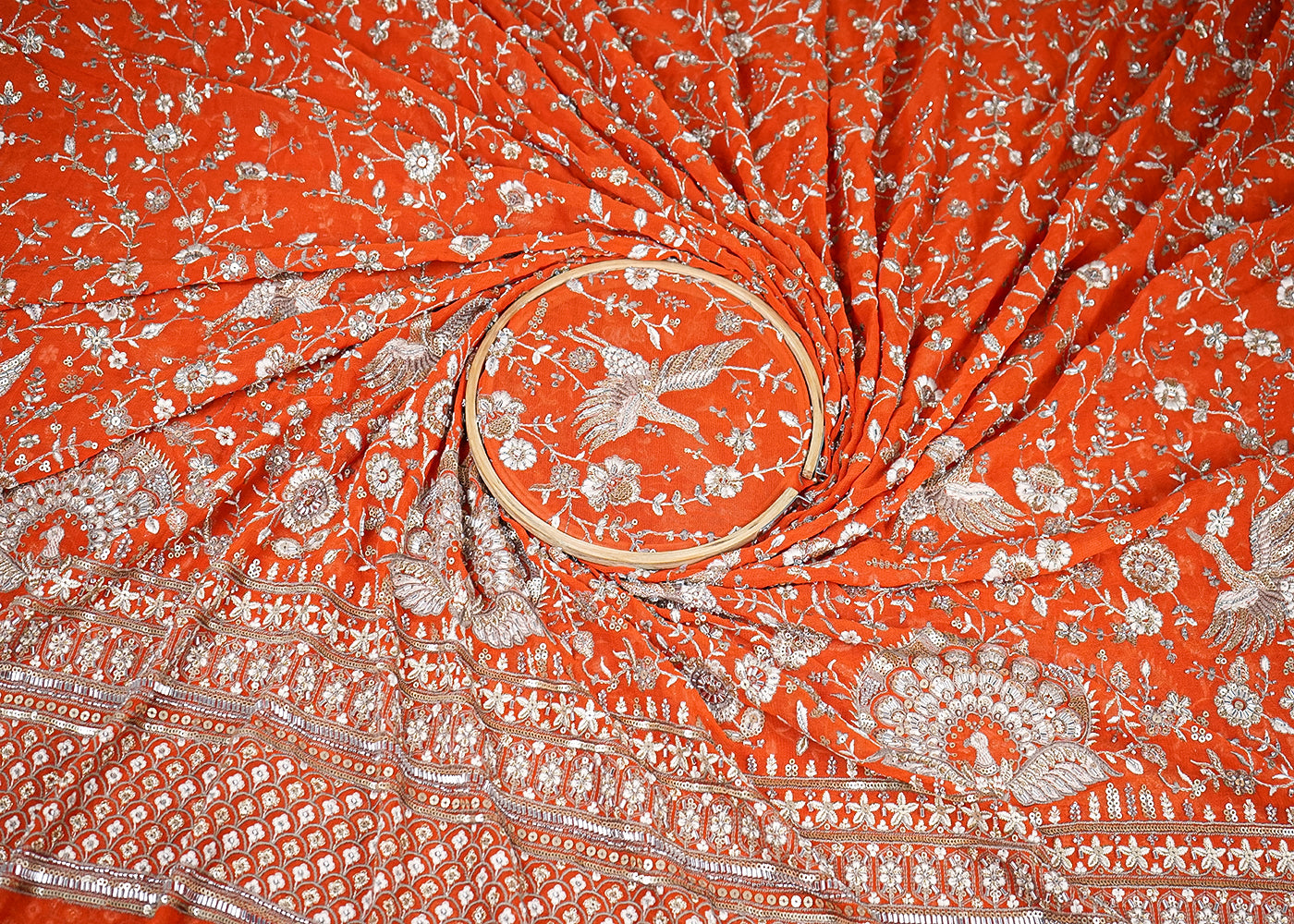 Rust Georgette Fabric With All Over Katdana, Bead, Sequins And Zari Work With One Side Border 19025