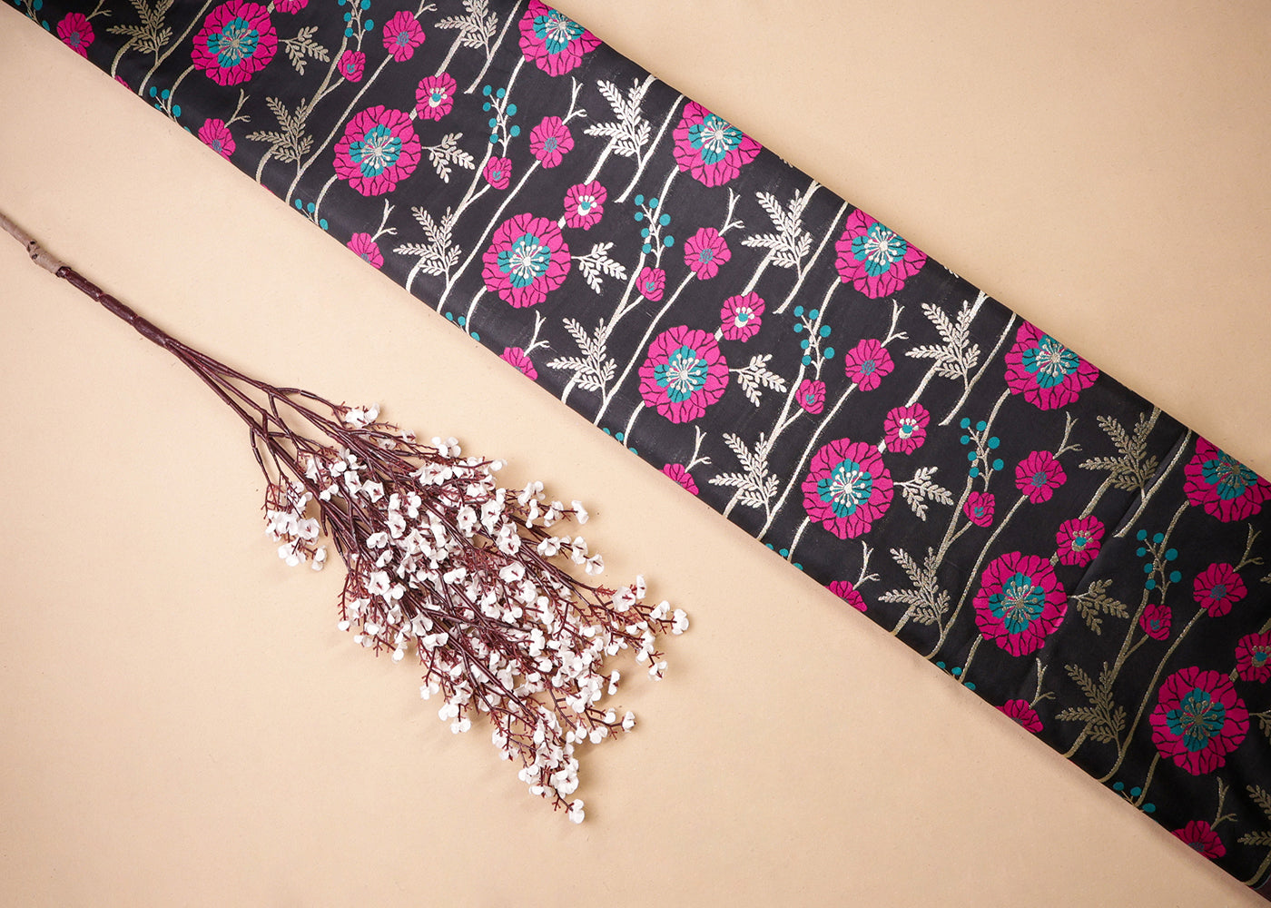 Black Banarasi Brocade Fabric With All Over Thread And Golden Zari Handloom 19026