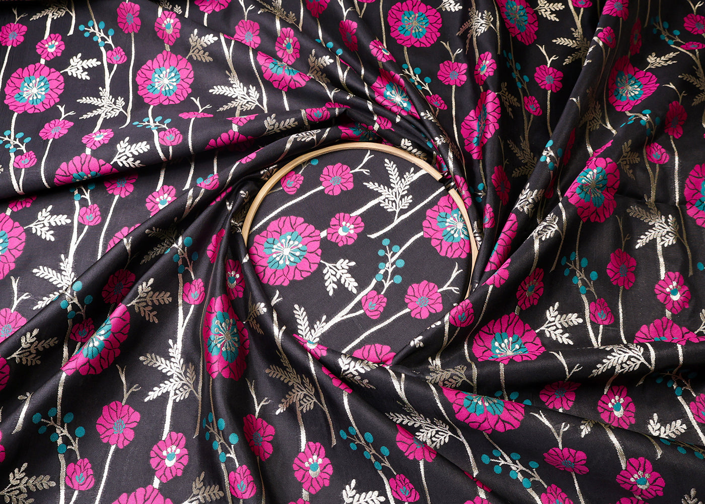 Black Banarasi Brocade Fabric With All Over Thread And Golden Zari Handloom 19026