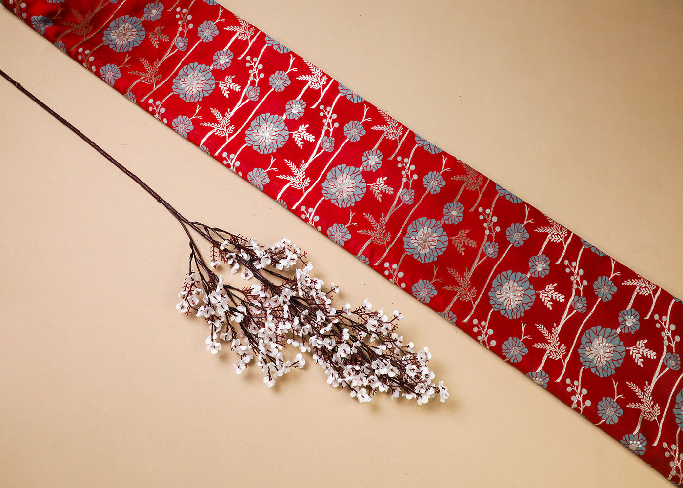 Red Banarasi Brocade Fabric With All Over Thread And Golden Zari Handloom 19027