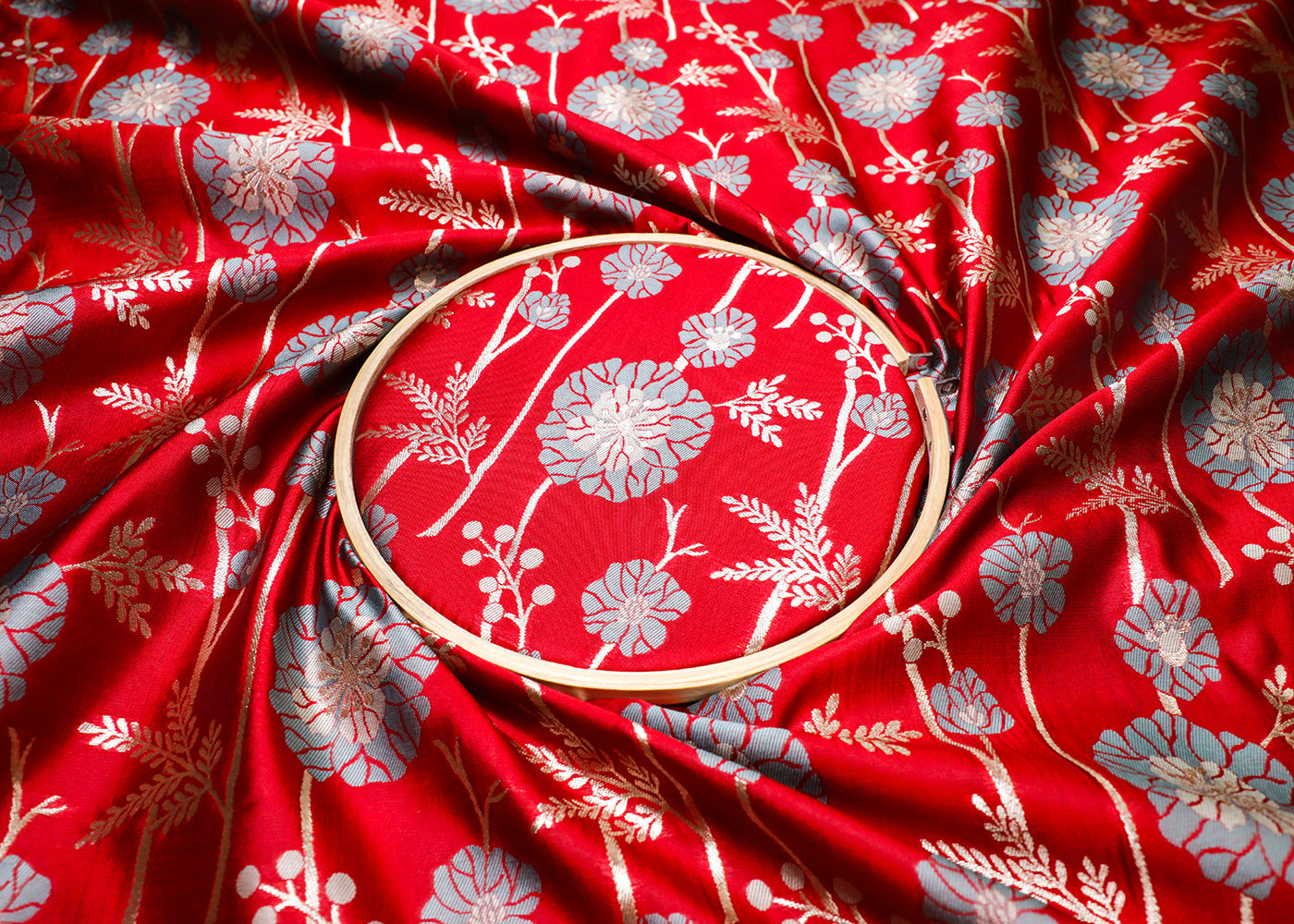 Red Banarasi Brocade Fabric With All Over Thread And Golden Zari Handloom 19027