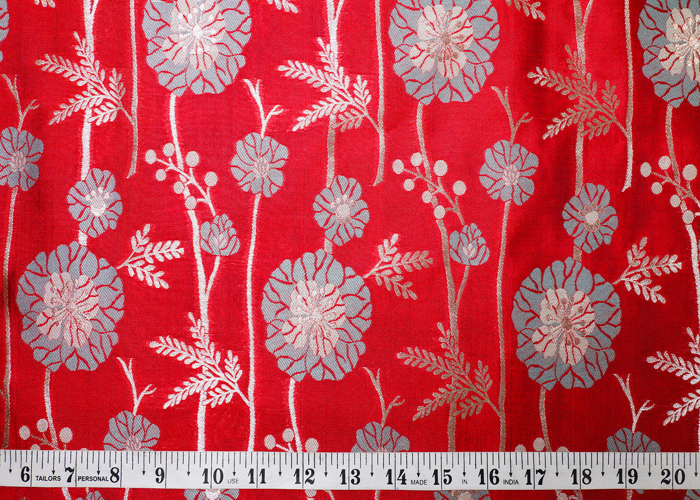 Red Banarasi Brocade Fabric With All Over Thread And Zari Handloom 19027