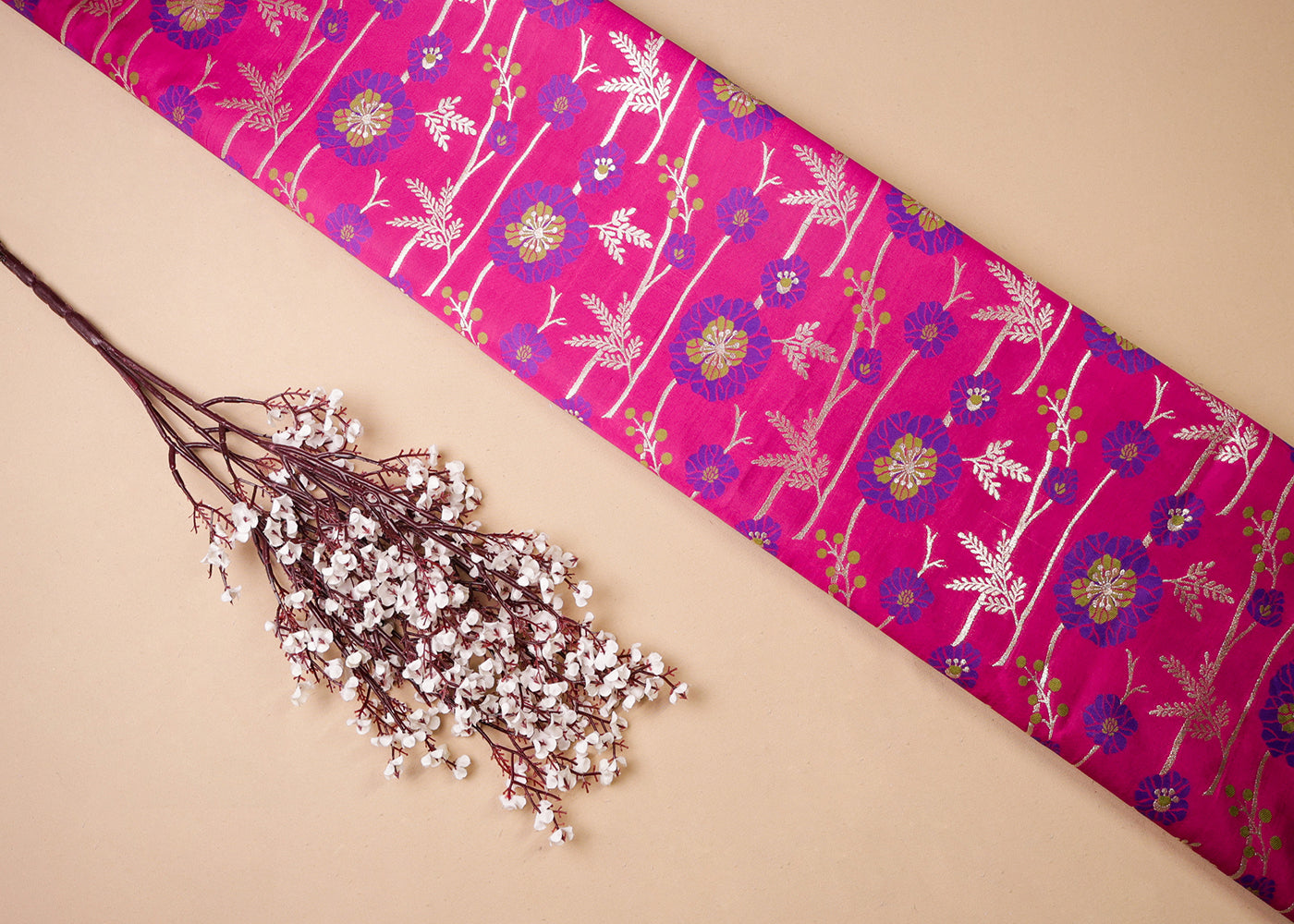 Pink Banarasi Brocade Fabric With All Over Thread And Golden Zari Handloom 19028