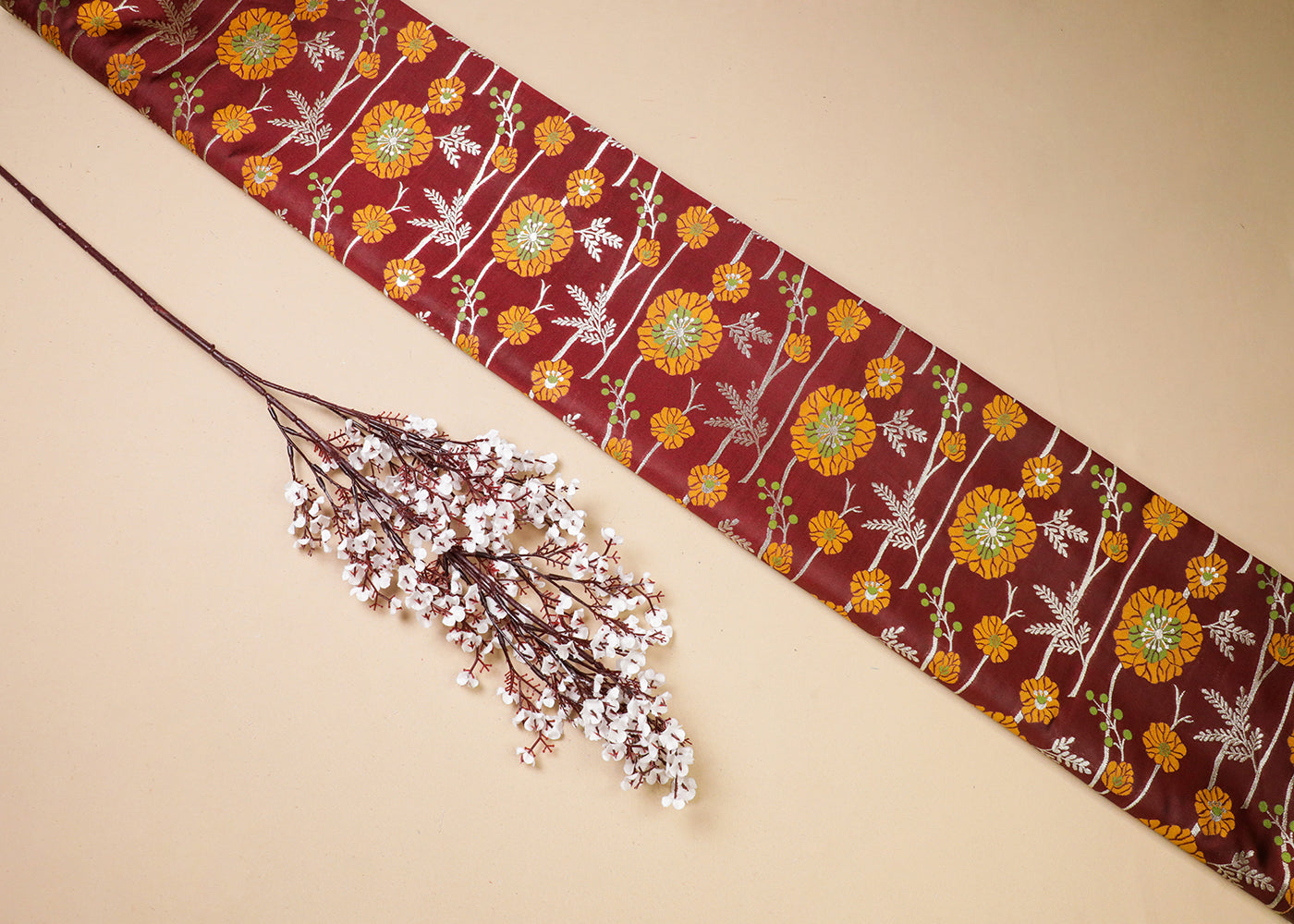 Maroon Banarasi Brocade Fabric With All Over Thread And Golden Zari Handloom 19029