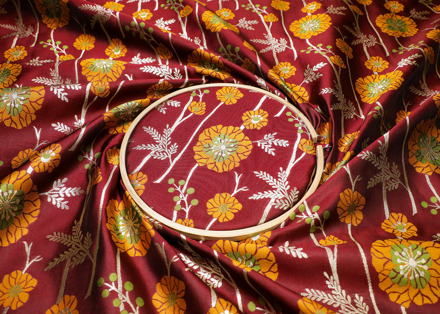 Maroon Banarasi Brocade Fabric With All Over Thread And Golden Zari Handloom 19029
