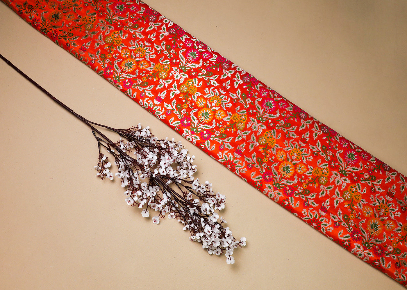 Orange Banarasi Brocade Fabric With All Over Thread And Silver Zari Handloom 19030