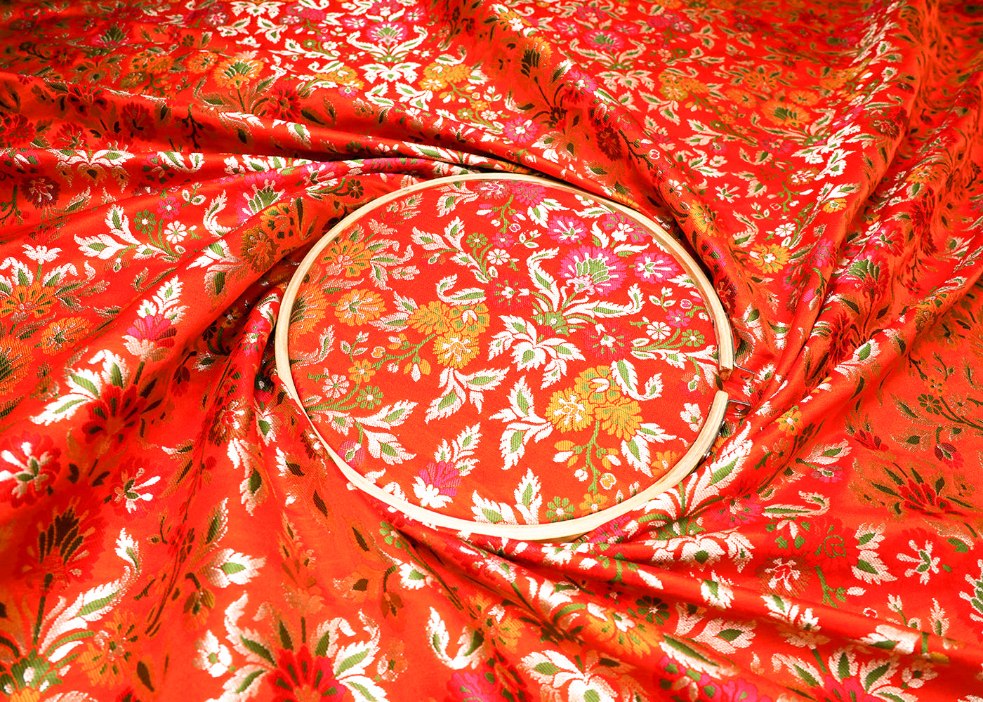 Orange Pure Banarasi Brocade Fabric With All Over Thread And Silver Zari Handloom 19030